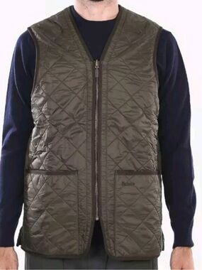 Barbour Polarquilt-style quilted fleece liner vest in olive, size XL.